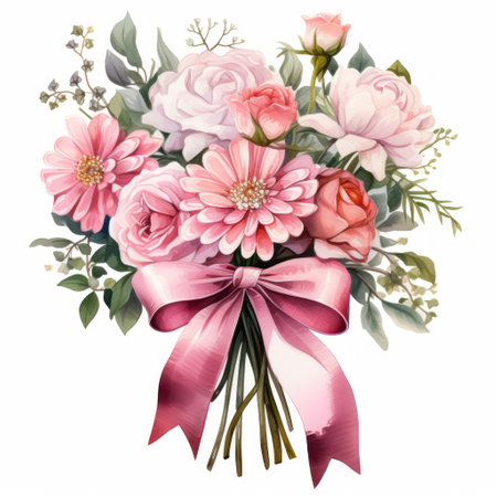 Bouquet of flowers with pink bow. Watercolor illustration.の素材