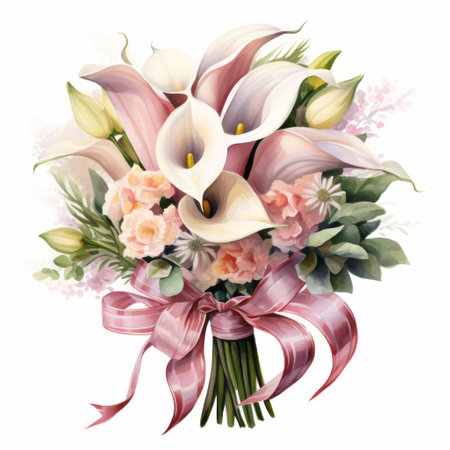 Bouquet of calla lilies with ribbon. Vector illustration.の素材