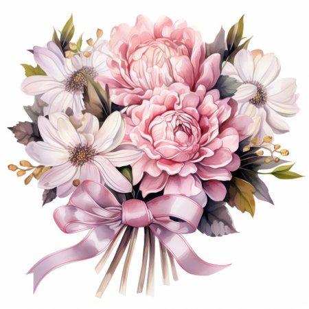 Bouquet of flowers with pink bow isolated on white background.の素材