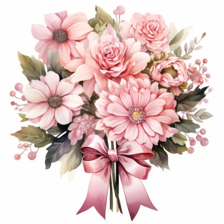 Bouquet of pink flowers with a bow on a white backgroundの素材