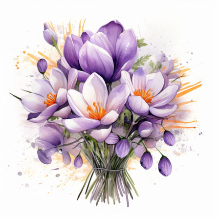 Bouquet of crocus flowers on a white background. Watercolor illustrationの素材