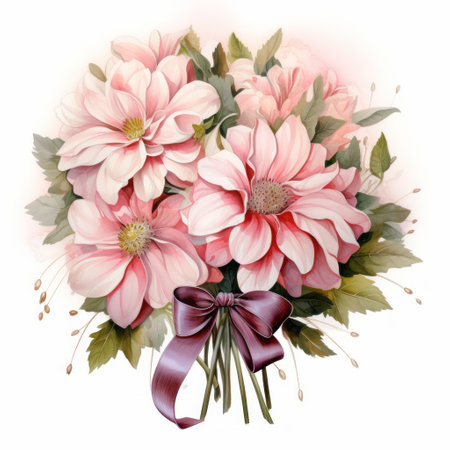 Bouquet of pink dahlias with bow isolated on white backgroundの素材