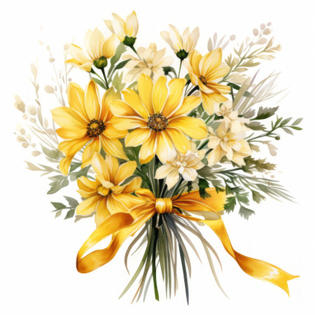 Flower bouquet with yellow daisies and mimosa isolated on white backgroundの素材