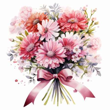 Watercolor bouquet of gerbera flowers with pink bow on white background.の素材