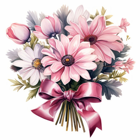 Bouquet of pink flowers with a bow. Watercolor illustrationの素材