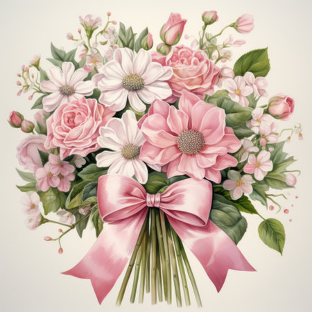 Bouquet of flowers with pink bow on white background. Vintage style.の素材