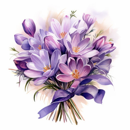 Bouquet of purple crocus flowers. Watercolor illustration.の素材