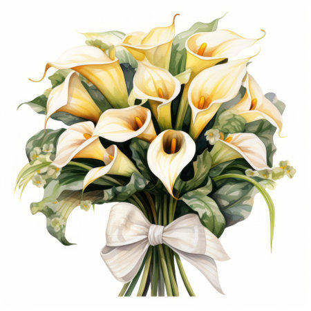 Bouquet of calla lilies with bow tie on white backgroundの素材