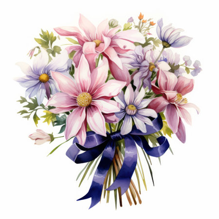 Beautiful watercolor bouquet with chamomile, anemone and cornflowersの素材
