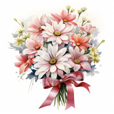 Bouquet of daisies with red ribbon, watercolor illustrationの素材