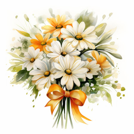 Bouquet of daisies with bow. Watercolor illustrationの素材