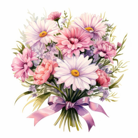 Bouquet of pink and white daisies. Watercolor illustrationの素材