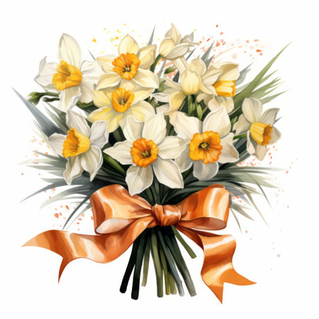 Bouquet of white daffodils with orange bow, watercolor illustrationの素材