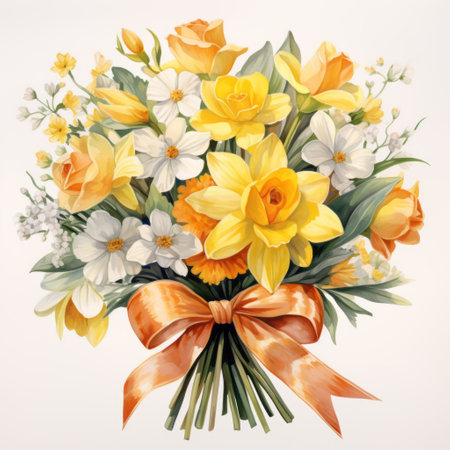 Bouquet of daffodils and narcissus on white backgroundの素材
