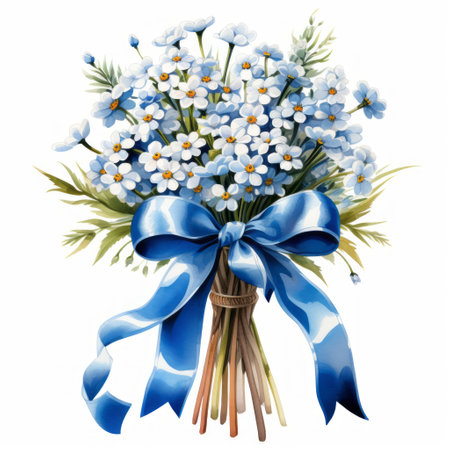Bouquet of flowers with blue bow isolated on white background.の素材
