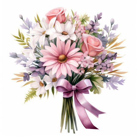 Bouquet of flowers with pink ribbon isolated on white background.の素材