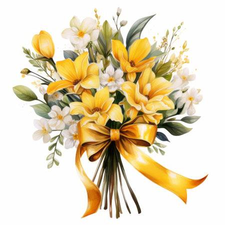 Watercolor floral bouquet with yellow crocus flowers, green leaves and yellow bow. Hand painted illustration isolated on white backgroundの素材