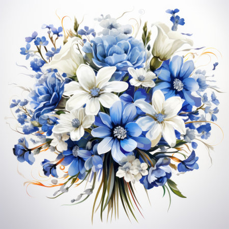 Bouquet of blue and white flowers on a white background.の素材