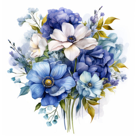 Blue and white flowers bouquet isolated on white background. Watercolor illustrationの素材