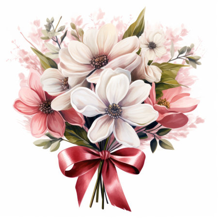 Bouquet of flowers with red bow isolated on white background.の素材