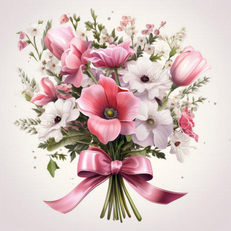 Beautiful bouquet of flowers with a pink ribbon on a white backgroundの素材