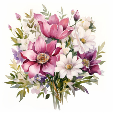 Beautiful bouquet of spring flowers on white background. Watercolor illustration.の素材