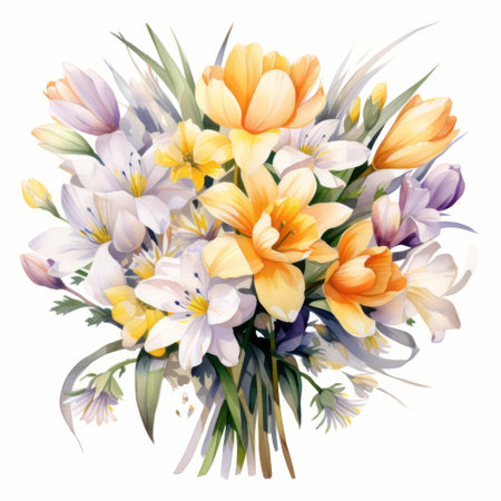 Beautiful bouquet of crocuses and tulips. Watercolor illustrationの素材