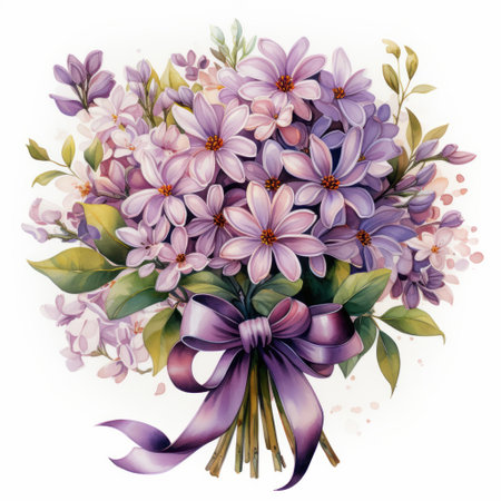 Bouquet of lilac flowers with bow. Watercolor illustrationの素材