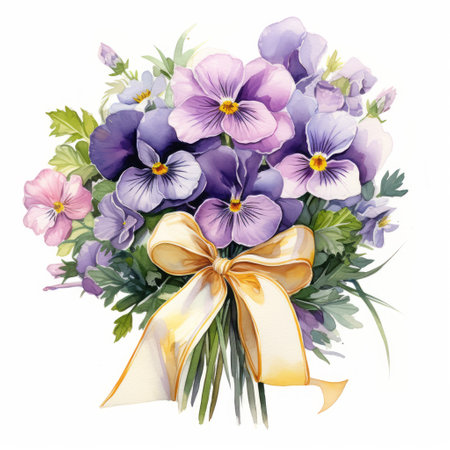 Watercolor bouquet of pansy flowers with golden bow. Illustrationの素材