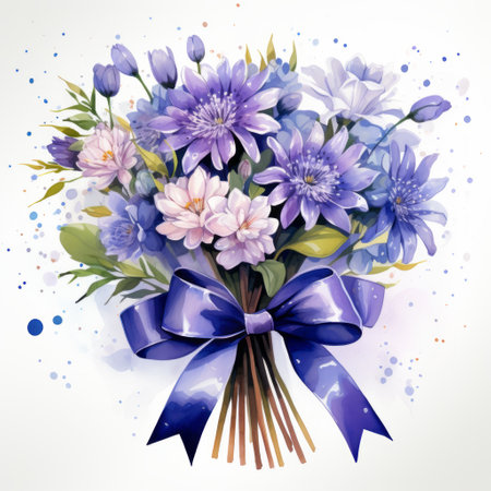 Bouquet of blue flowers with a bow. Watercolor illustrationの素材