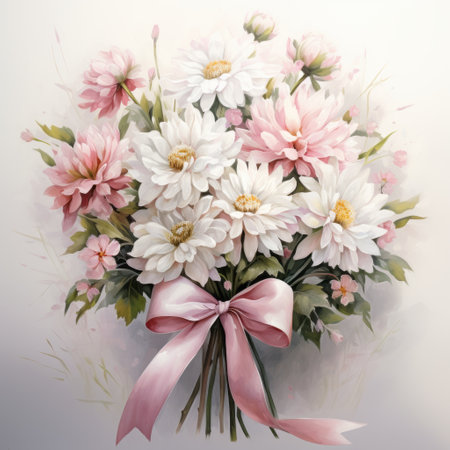 Bouquet of chrysanthemums with pink bow.の素材