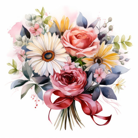 Beautiful vector watercolor summer bouquet with roses and daisiesの素材