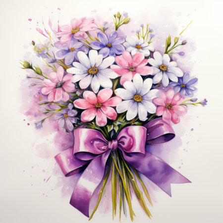 Bouquet of colorful flowers with purple bow. Watercolor illustrationの素材