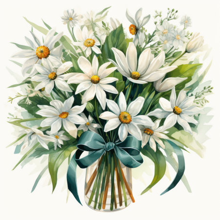 Bouquet of white daisies and chamomiles in a vase on a white backgroundの素材