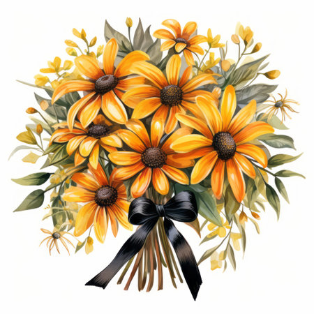 Beautiful bouquet with yellow flowers and black ribbon, watercolor illustrationの素材