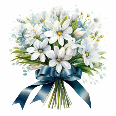 Bouquet of white flowers with blue ribbon. Vector illustration.の素材