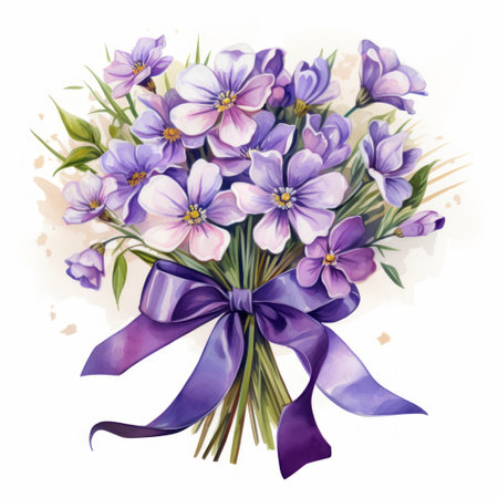 Bouquet of crocus flowers with purple bow. Watercolor illustrationの素材