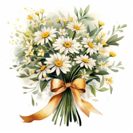 Bouquet of daisies with a bow. Watercolor illustration.の素材