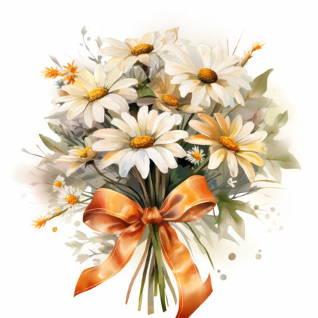 Beautiful bouquet of daisies with a bow. Vector illustration.の素材