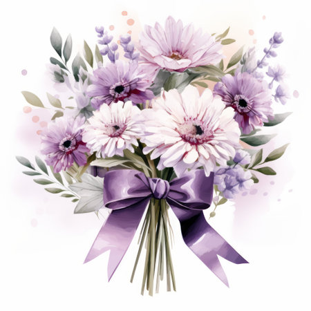 Watercolor bouquet of gerberas, daisies and lavenderの素材