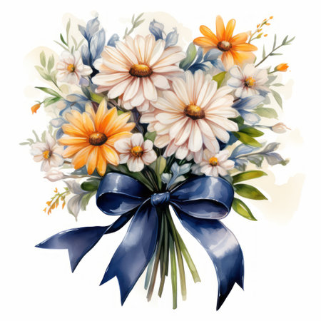Bouquet of flowers with blue bow. Watercolor illustration.の素材
