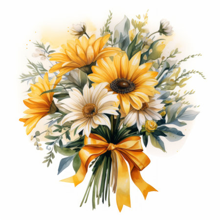 Watercolor bouquet of daisies with yellow bow isolated on white backgroundの素材