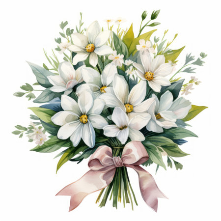 Bouquet of white crocus flowers. Watercolor illustration.の素材