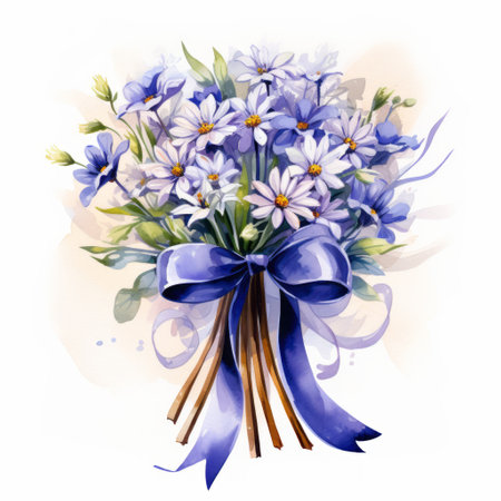 Bouquet of blue flowers with a bow. Watercolor illustrationの素材