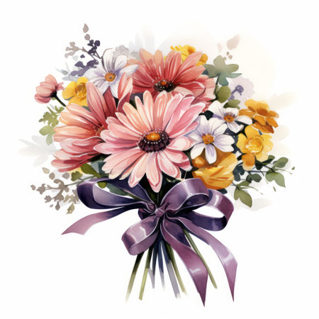 Bouquet of daisies, chamomile, gerbera and lavender. Watercolor illustrationの素材