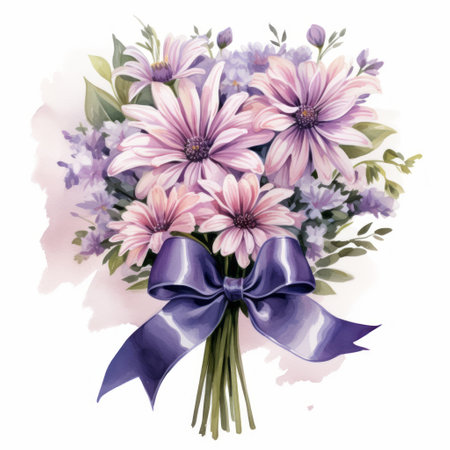 Bouquet of flowers with a blue bow. Watercolor illustrationの素材