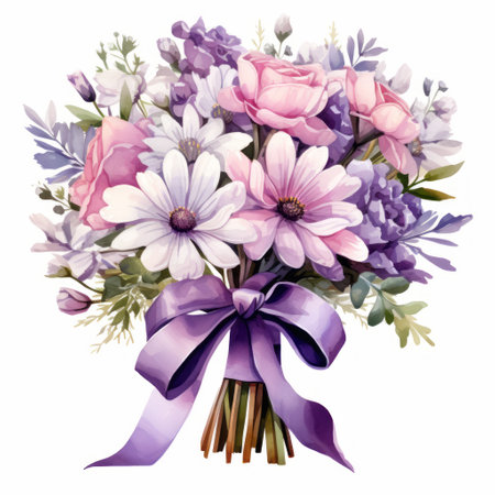 Bouquet of flowers with purple bow, isolated on white backgroundの素材