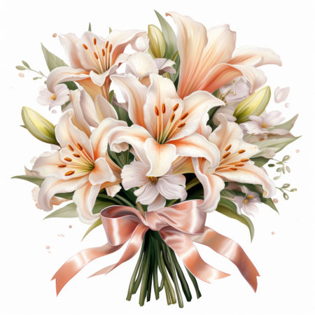 Bouquet of lilies with bow isolated on white background.の素材