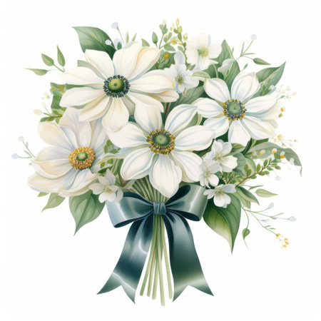 Bouquet of white daisies with green leaves. Vector illustration.の素材