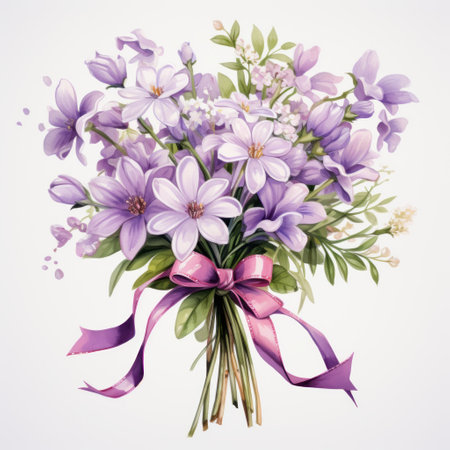 Bouquet of crocuses with pink ribbon on white backgroundの素材